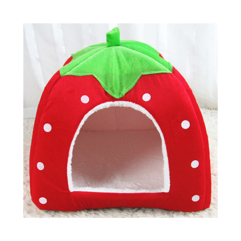 (, M) Pet Strawberry Cat Dog Plush Washable Igloo Bed Pyramid Kennel Pad House Tent Red