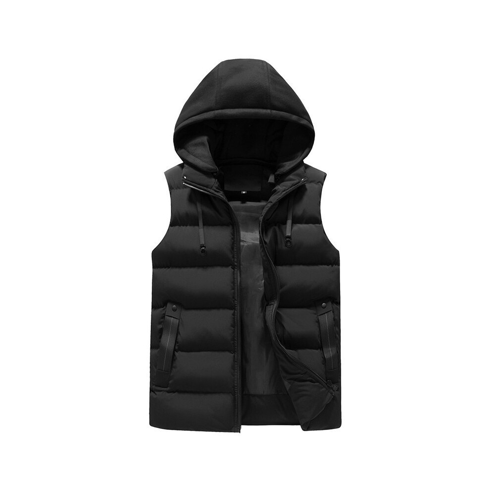 (, 2XL) Padded Men Gilet Vest Hooded Sleeveless Quilted Coat Body Parka Warmer Jacket Black