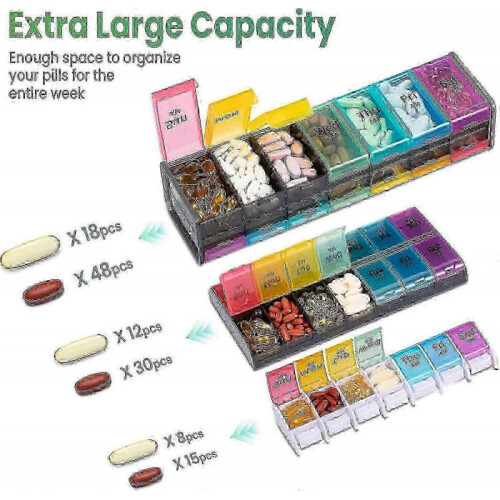 (Black) Extra Large Weekly Pill Organizer - 7 Day Pill Box, 14 cells Am Pm Pill Case With Double Layer Jumbo Compartment 2