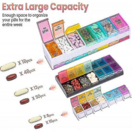 (White)Extra Large Weekly Pill Organizer - 7 Day Pill Box, 14 cells Am Pm Pill Case With Double Layer Jumbo Compartment 2