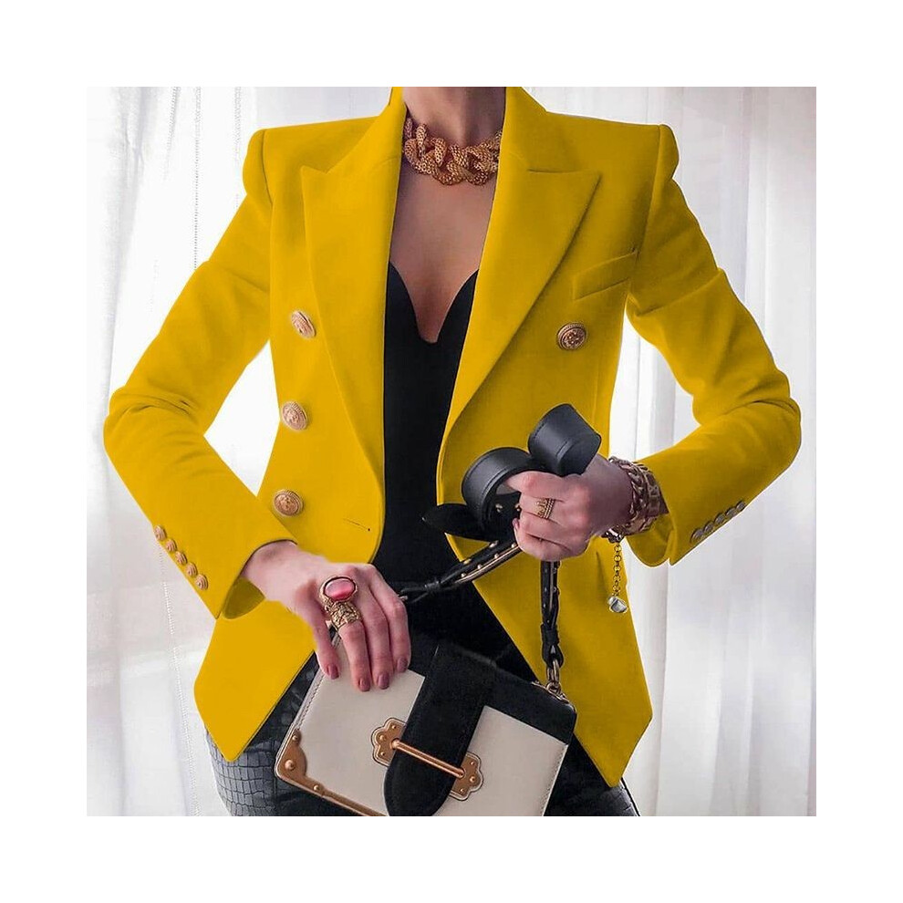 (Yellow,XL)Manteau blazer femme à double boutonnage manches longues revers formel veste slim vêtements d'extérieur