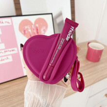 (raspberry color)Lip Gloss Silicone Heart-Shaped Portable Earphone Case Wallet for Women