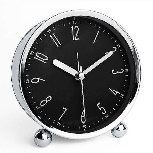 (Black)Metal Shell Round Desktop Alarm Clock