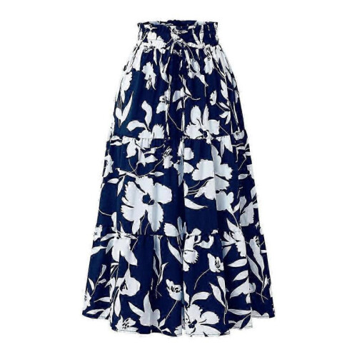 (S,Navy blue)Women's Bohemian Floral Tiered Maxi Skirt