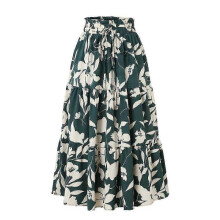 (L,Green)Women's Bohemian Floral Tiered Maxi Skirt