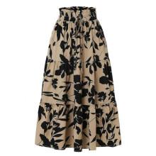 (M,Khaki)Women's Bohemian Floral Tiered Maxi Skirt