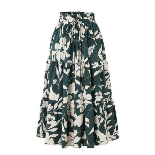 (M,Green)Women's Bohemian Floral Tiered Maxi Skirt