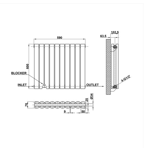 (600x590mm Double Horizontal) SIMPLE BATHROOMS Anthracite Oval Column Radiators 2