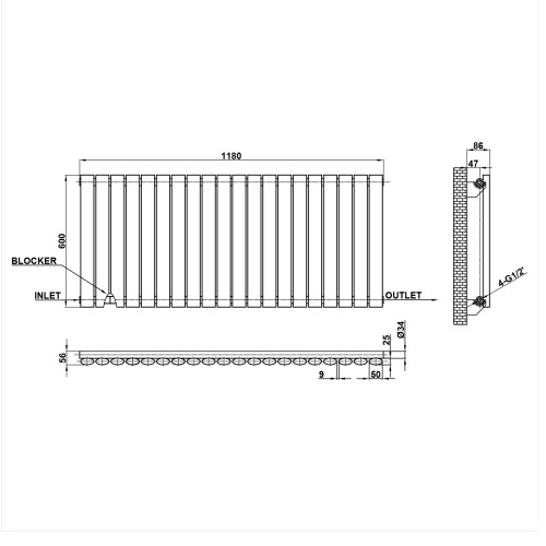 (600x1180mm Single Horizontal) SIMPLE BATHROOMS Anthracite Oval Column Radiators 2