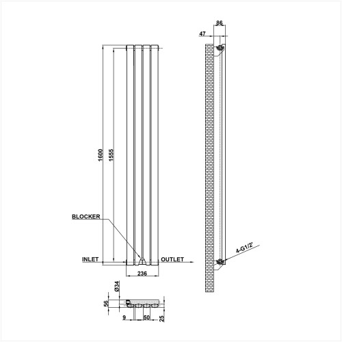 (1600x236mm Single Vertical) SIMPLE BATHROOMS Anthracite Oval Column Radiators 2