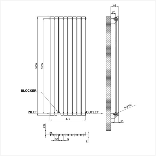 (1600x472mm Single Vertical) SIMPLE BATHROOMS Anthracite Oval Column Radiators 2