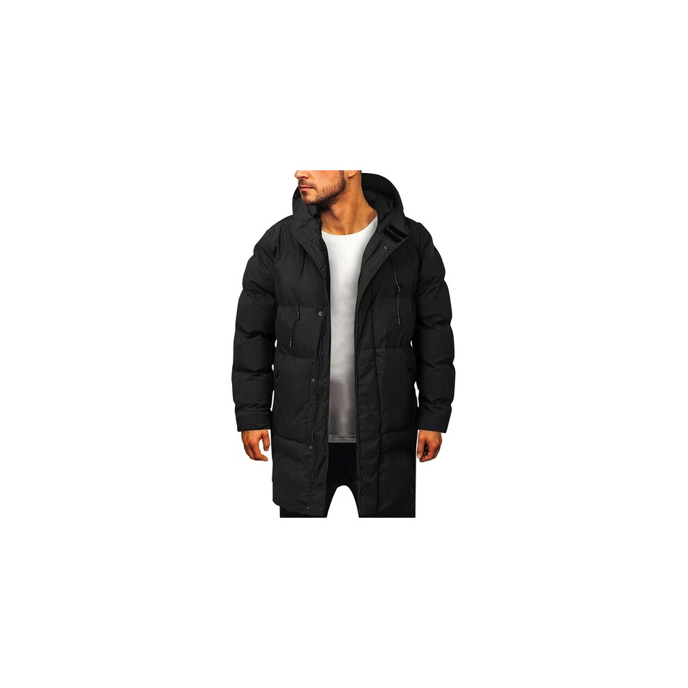 (Black, UK 7XL=Tag 8XL) Winter Mens Long Puffer Coat Hooded Thick Bubble Jacket Quilted Padded Overcoat
