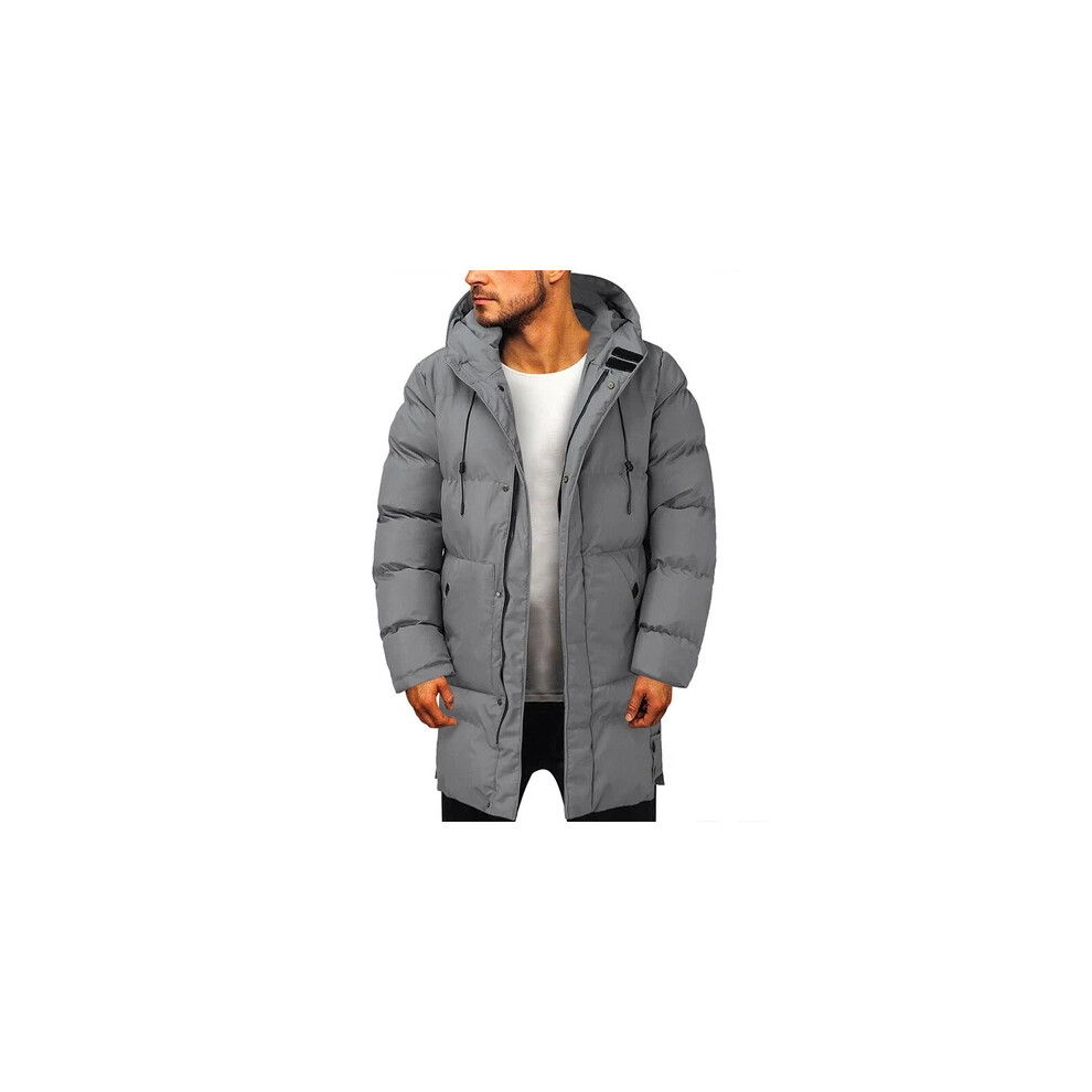 (Grey, UK 2XL=Tag 3XL) Winter Mens Long Puffer Coat Hooded Thick Bubble Jacket Quilted Padded Overcoat