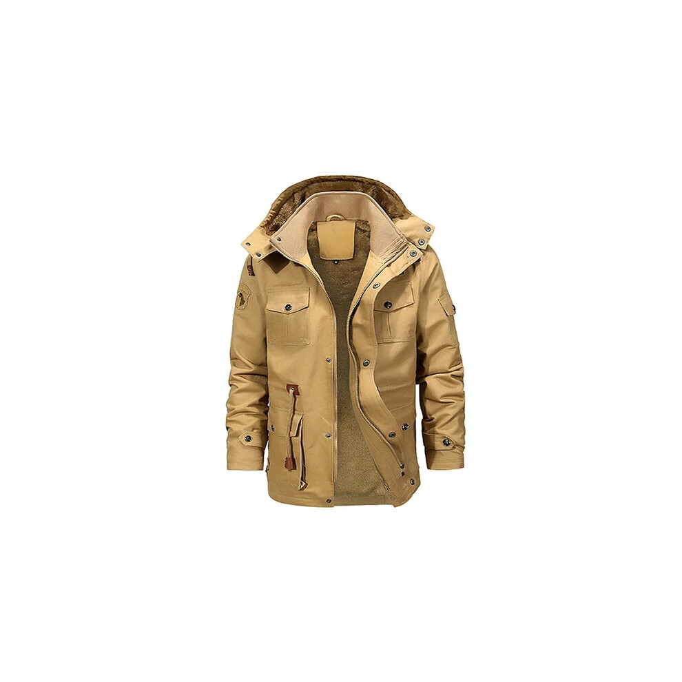 (Khaki, UK S=Tag M) Mens Fleece Lined Parka Coat Hooded Zip Up Winter Thermal Warm Army Jacket Tops