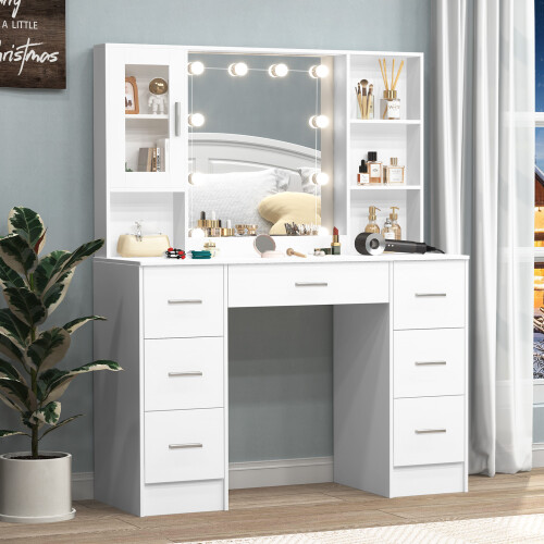 Large Dressing Table With LED Lighted Mirror 7 Drawers Makeup Vanity