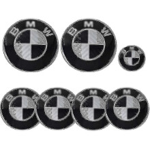 BMW-Emblem-Set (7 Teile): 82-mm-Emblem für Motorhaube und Kofferraum, 68-mm-Radkappen und 45-mm-Lenkrad