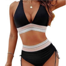 (L,Black)Women's High Waist V-Neck Swimwear