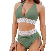 (S,Green)Women's High Waist V-Neck Swimwear