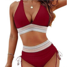 (XL,Claret)Women's High Waist V-Neck Swimwear