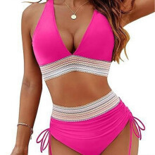 (XL,Rose red)Women's High Waist V-Neck Swimwear