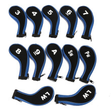 12Pcs/set Golf Clubs Iron Head Covers Driver Professional Number Tag Headcovers Rubber Golf Long Neck Protector Case with Zipper Long Neck Blue