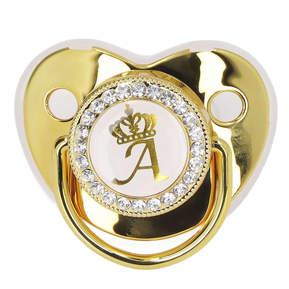 Crown Rhinestone Pacifier With Clip & A Letter For Infants Golden