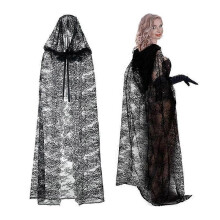 (Long) Women's Halloween Black Lace Hooded Witch Costume