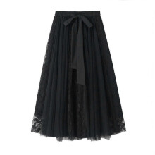 (A) Women's High Waist Long Net Pleated Skirt
