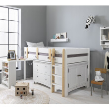 Una Kids Cabin Bed Sleepstation with Chest of Drawers, Cabinet & Desk in Classic White