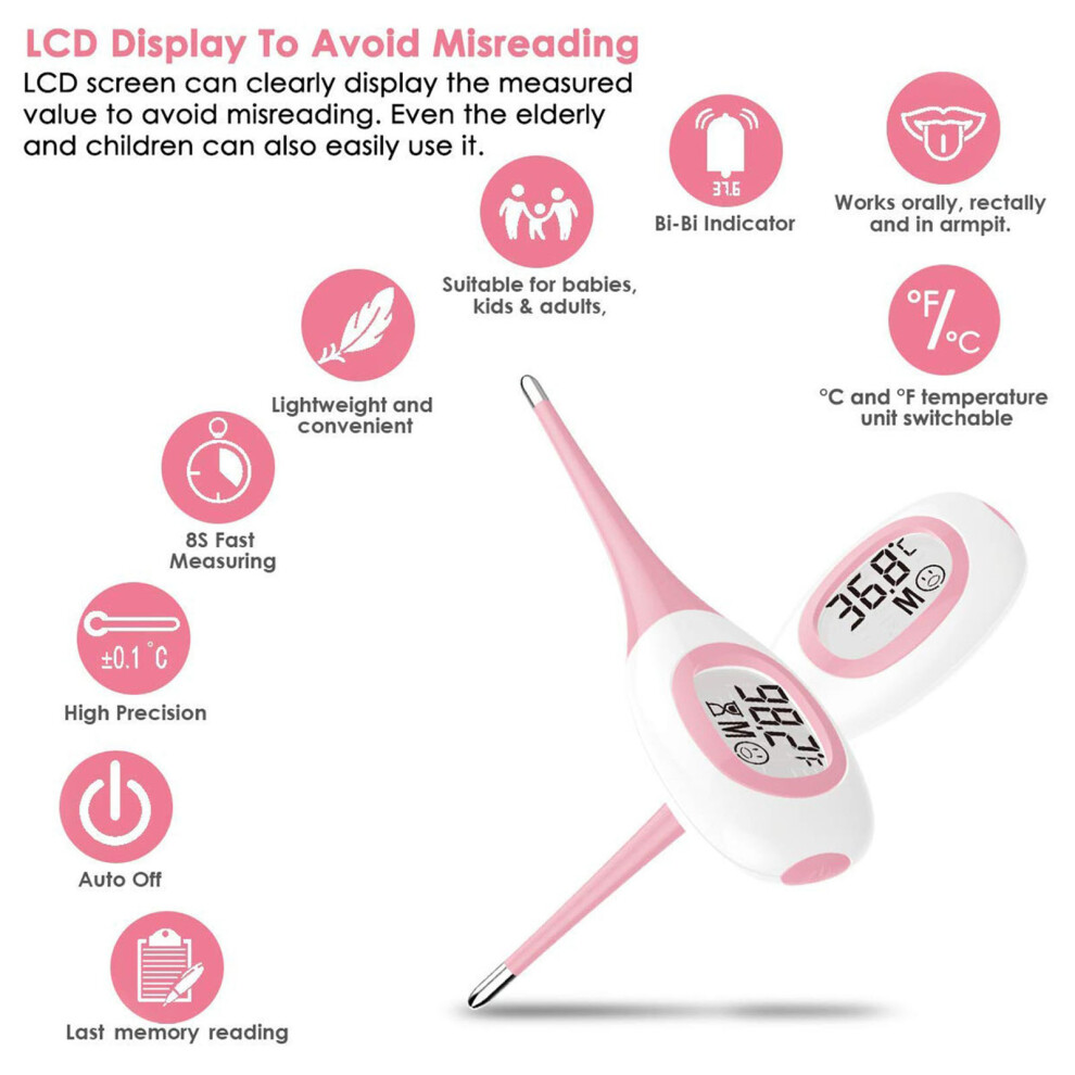 Fast Reading Pink Digital Thermometer with Flexible Tip, High Precision