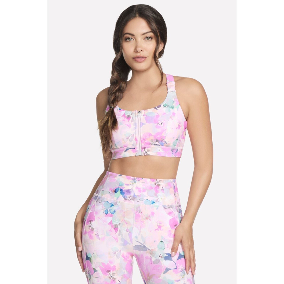 (Pink, S) Skechers Performance GoWalk Seascape Floral Zip Front Bra Nylon Women's Pink Sports Bra