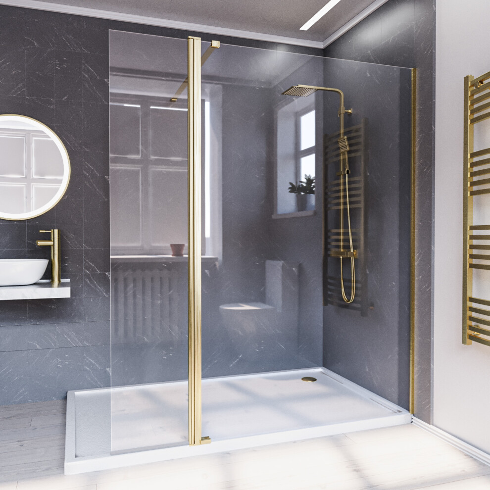 Nes Home Brushed Brass 1200mm Wet Room Screen 8mm Glass With 300mm Flipper Panel