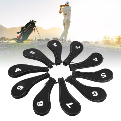 10 pcs Golf Iron Head Covers Neoprene Black Protective Zipper Hat 2