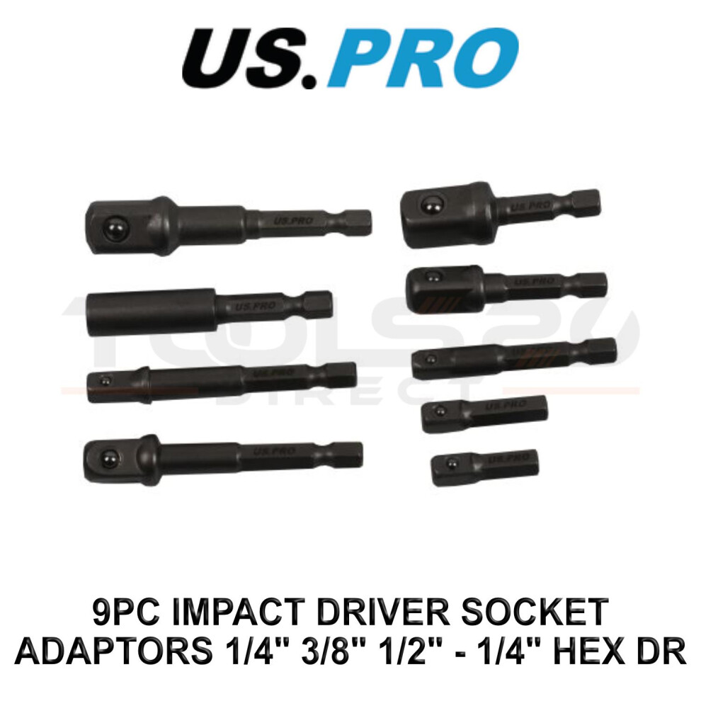 US PRO 9pc Impact Driver Socket Adaptor Set 1/4" 3/8" 1/2" - 1/4" Hex DR 7199