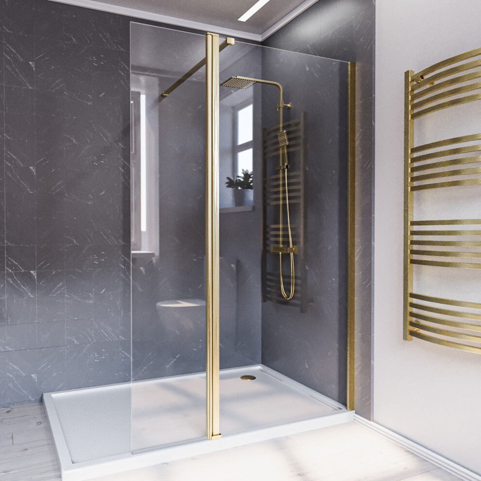 Nes Home Brushed Brass 700mm Wet Room Screen 8mm Tempered Glass With 300mm Flipper Panel