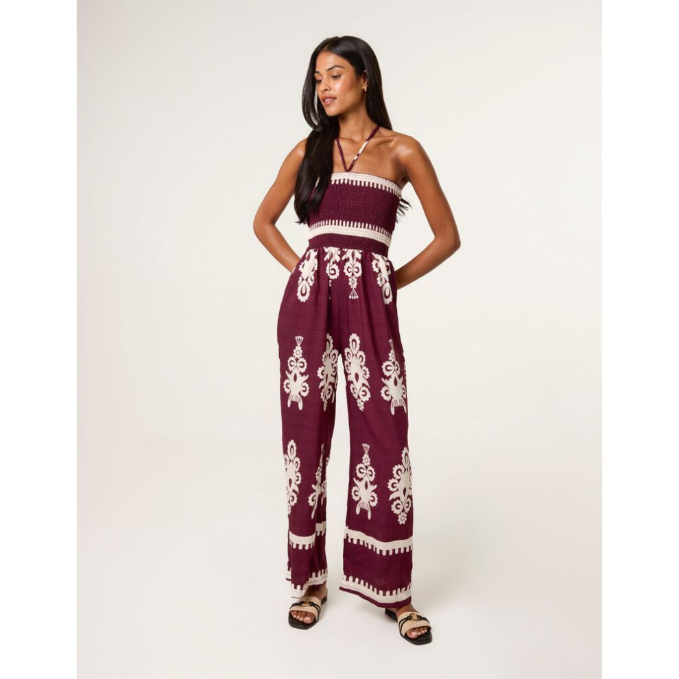 (Wine, M/L) Strapless Shirred Waist Jumpsuit-image-OPC-PJJTKP9-NEW