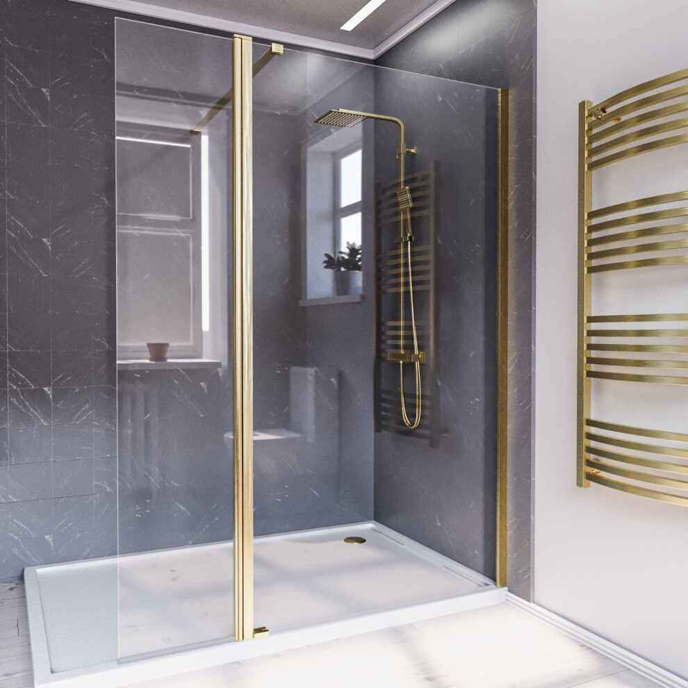 Nes Home Brushed Brass 900Mm Wet Room Screen 8Mm Tempered Glass & Flipper Panel