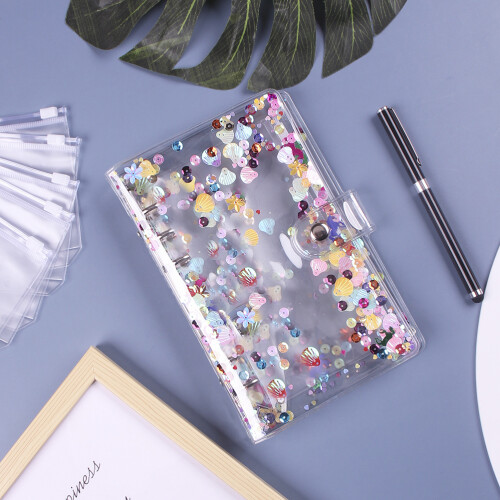 A6 Budget Binder with Clear Sequin Cover, 8 Zipper Pockets, Blue Shell