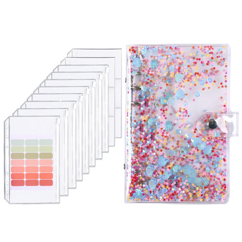A6 Budget Binder with Clear Sequin Cover, 8 Zipper Pockets, Blue Shell 1