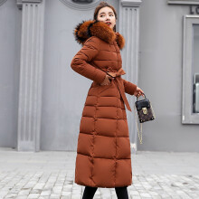 (Brown, 2XL) Down Womens Jacket Winter Hooded Long Fur Collar Thicken Coat Outwear Parka Warm