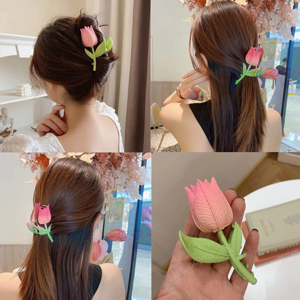 Unisex Pink,Green Tulip Hair Claw Clips Pink & Green, Alloy & Paint, 9.8X5cm