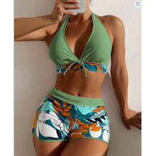 Damen Bikinis Set 2 Stück Hochtailliert Halterhals Rückenfrei Badeanzug mit Cups Badekleidung Bikini OD Grün L