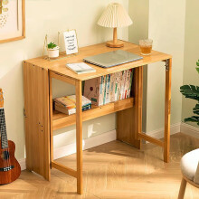 Collapsible Desk for Small Spaces, 33" Bamboo Folding Writing Desk with Shelves, Rustic Expandable Home Office Table