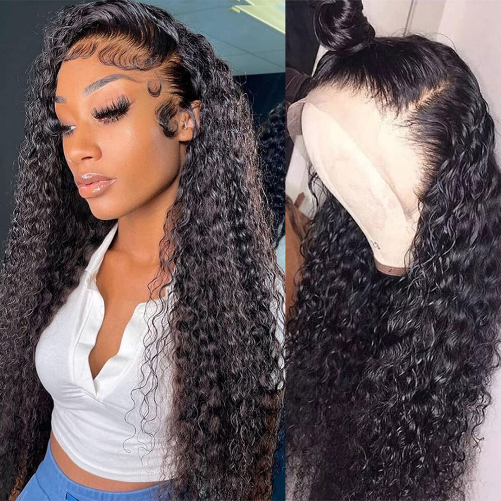 13x4 Lace Front Wigs Human Hair Pre Plucked 180 Density 22 Inch Brazilian Wet and Wavy Curly Wig for Black Women Natural Color