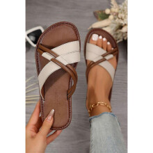 (40) Women's White Criss Cross PU Leather Flat Slippers