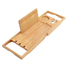 Bamboo Bathtub Caddy Tray Adjustable Bath Tray for Tub with Book Holder Tablet Wine Glass Towel Holder 24.5"-37.4"