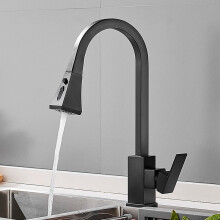 Pull-Down Sprayer Kitchen Faucet Brushed Black, Single Handle, Hot and Cold Water, Two Water Outlet Modes, Single Hole Design
