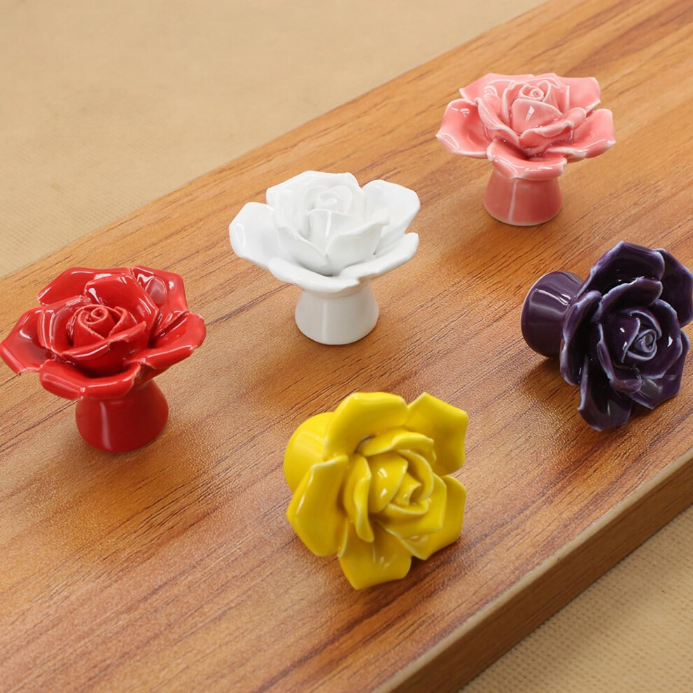 10Pcs Glossy Ceramic Rose Flower Cabinet Knobs In Mixed Colors For Dresser, Wardrobe, Drawer Pulls And Cupboard Handles 6482260572352