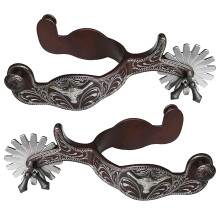 Western Antiqued Spurs with German Silver Hand Engraved Trims, Jingle Bobs, and Decorative Rowel Design