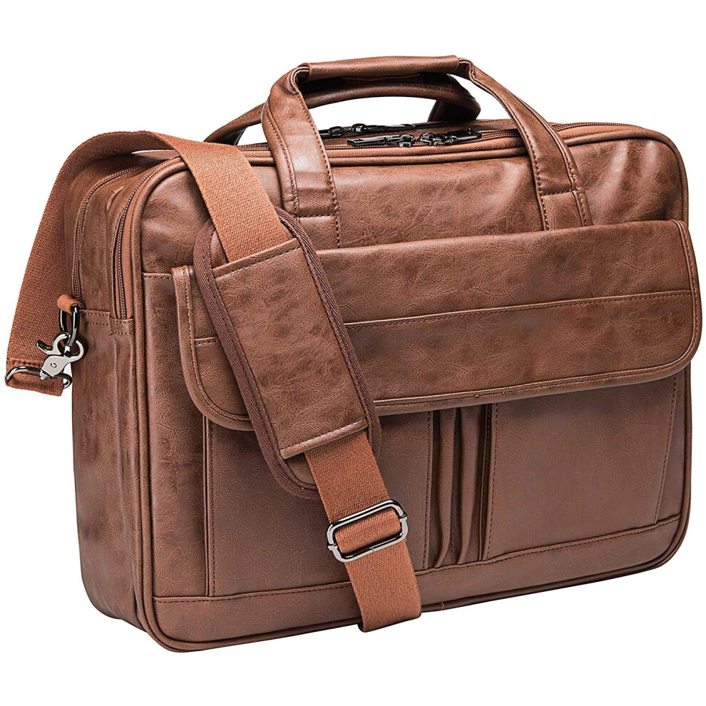 Men's Leather Handmade Business Travel Briefcase Messenger Bag for Laptops, 15-Inch Compatible, Brown Color-image-OPC-PJK85P8-NEW